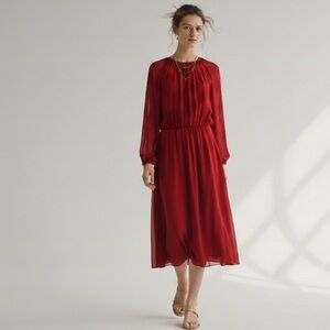 SOLER Raquel Bea Midi Dress Red 100% Silk Georgette Size M/L